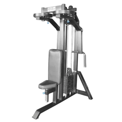 Máquina Peck Deck profesional con torre de 200lb y brazos articulados para entrenamiento de pecho y espalda en gimnasios de alto tráfico.