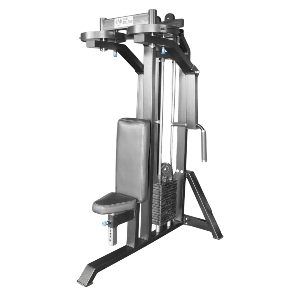 Máquina Peck Deck profesional con torre de 200lb y brazos articulados para entrenamiento de pecho y espalda en gimnasios de alto tráfico.